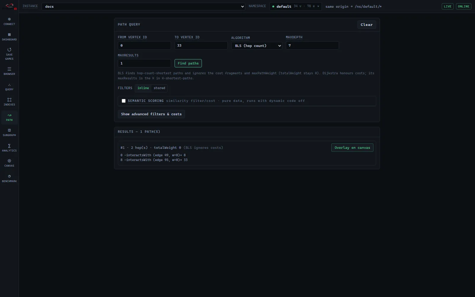 A path result on the Path screen.