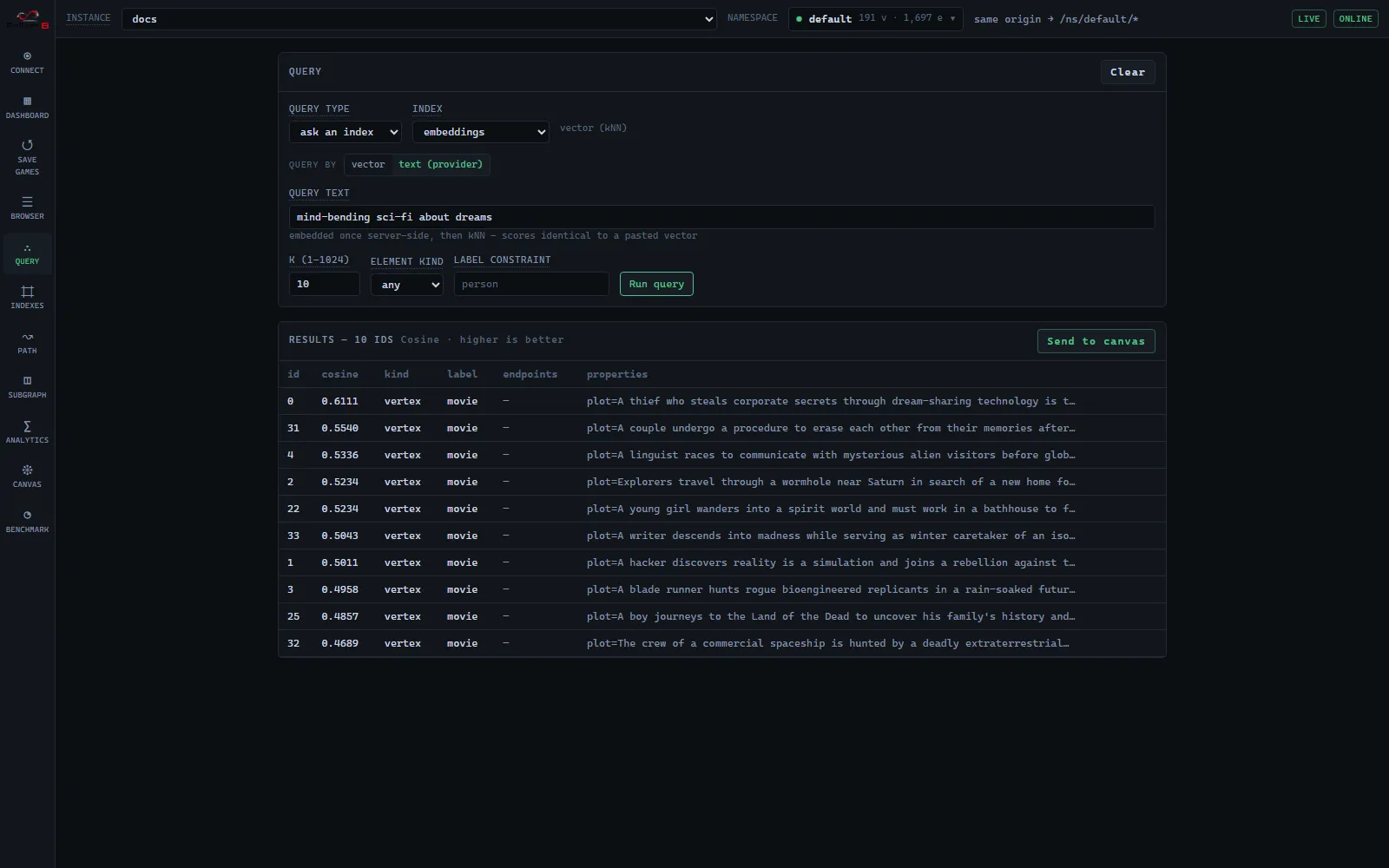Semantic search on Movie Night returning Inception as the top hit.