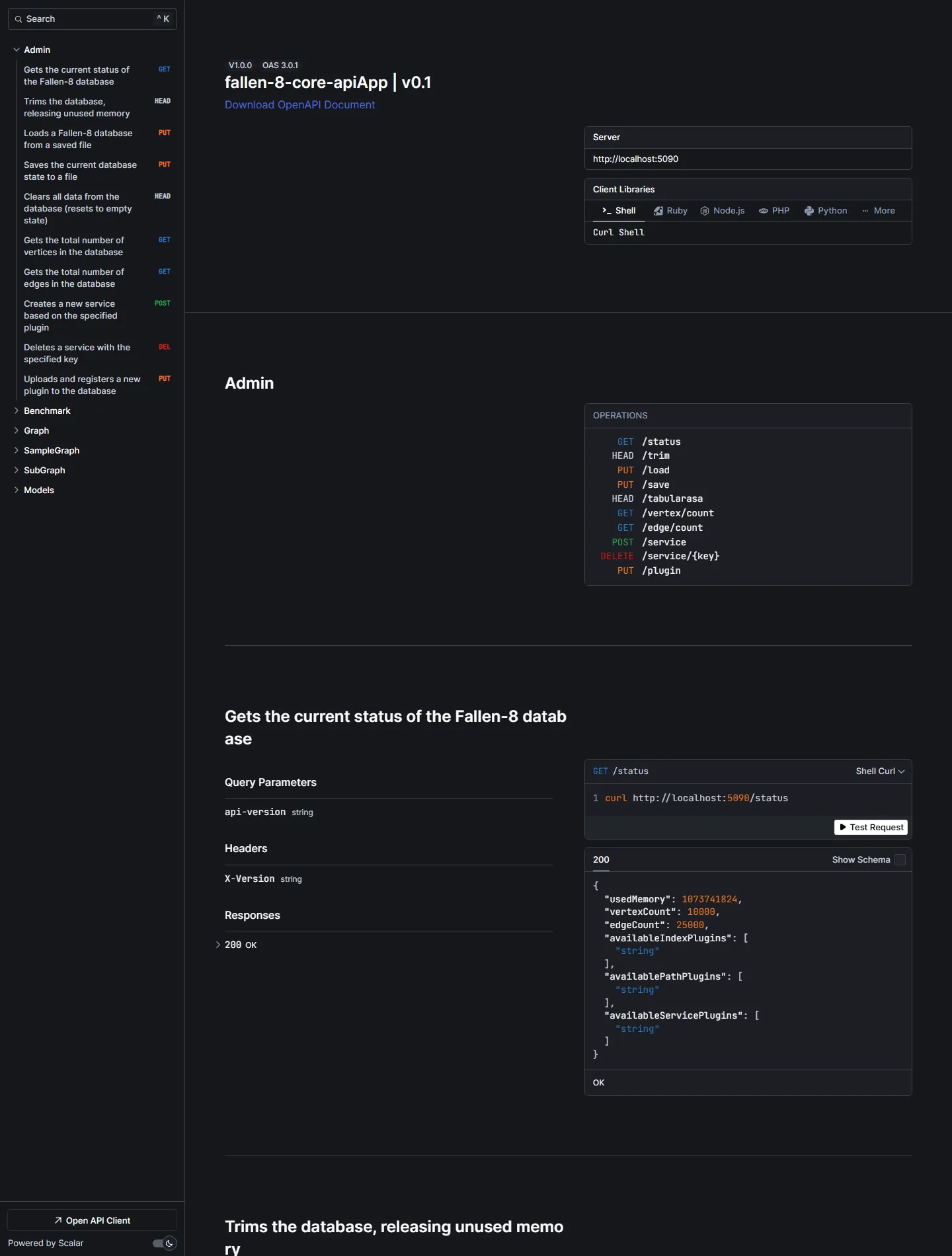The Scalar API reference for Fallen-8, listing the Admin, Graph, SubGraph and other endpoint groups.