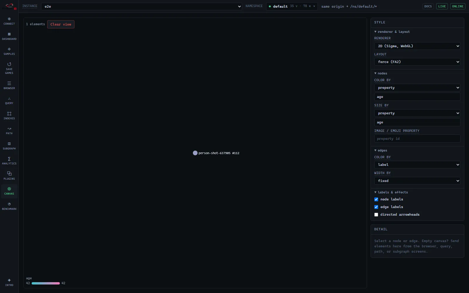 Canvas style panel: node color and size driven by a graph property, each with an editable property-name field