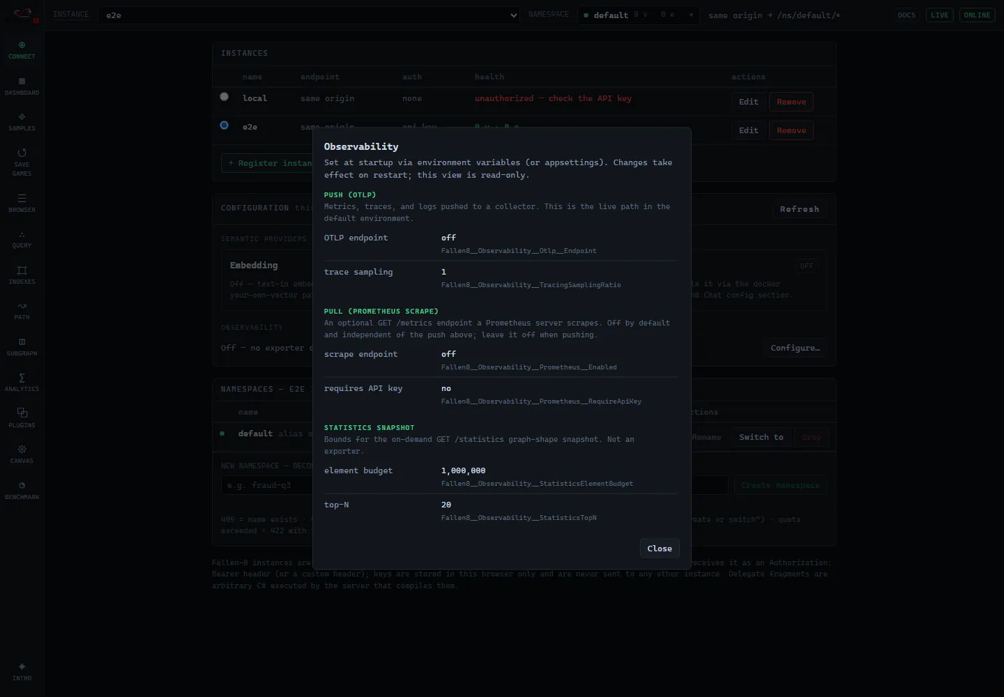 Observability config overlay: Push (OTLP), Pull (Prometheus scrape), and Statistics sections