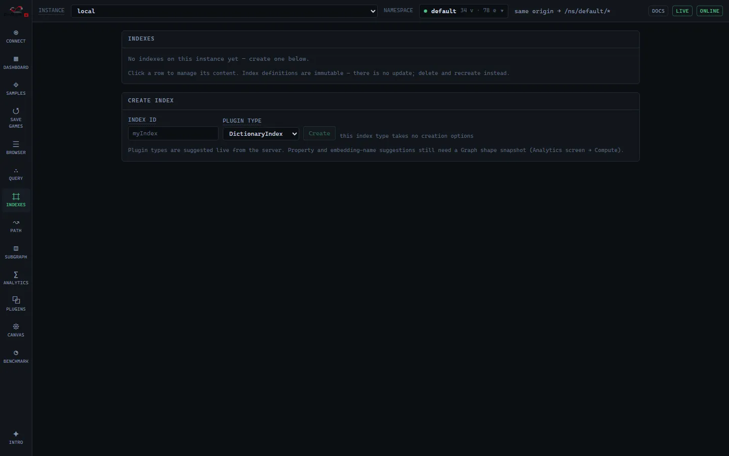 Indexes screen