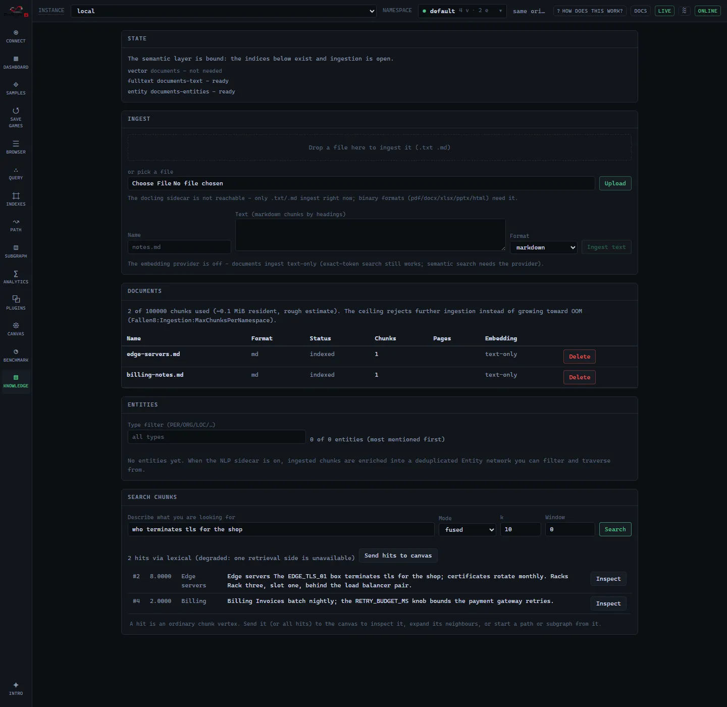 The Knowledge screen: the State panel with the index binding, drag-and-drop ingest, the document table with the chunk budget, the entity network, and a fused search